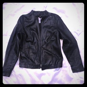 Calvin Klein Black Leather Moto Jacket; sz L